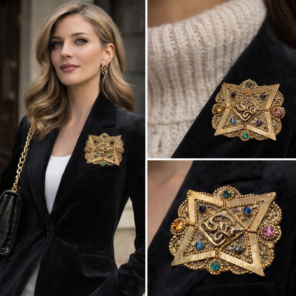 Vintage Butler & Wilson Heraldic Brooch – Medieval Revival Rhinestone Statement